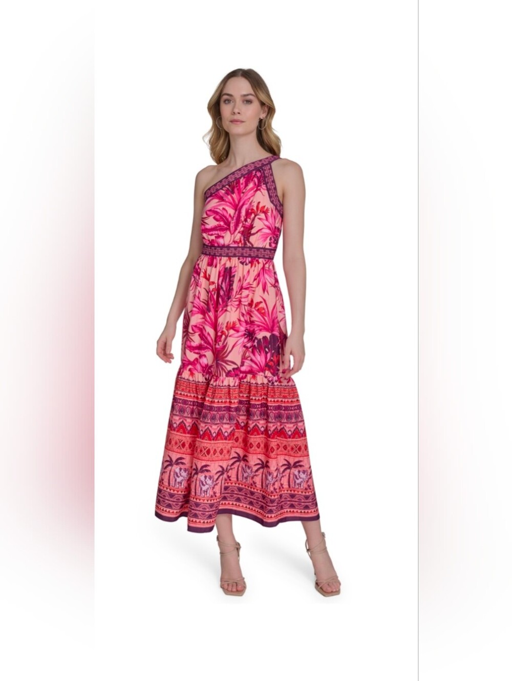 Eliza J Peach Floral One-Shoulder Midi Dress with Coral Accents